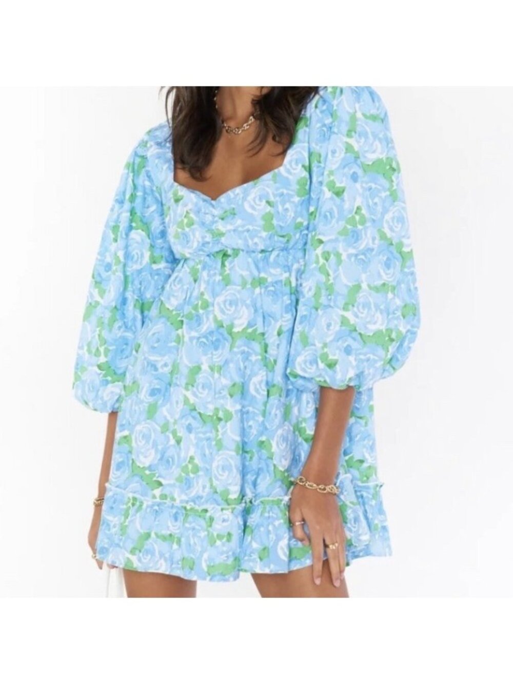Show Me Your Mumu Mandi Large Blue Floral Tiered Babydoll Bohemian Mini Dress